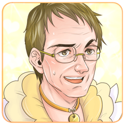 1boy, blonde_hair, bohe, brown_hair, crossdressing, crossdressing_(mtf), glasses, heart, icon_(computing), iida_shuntarou, jewelry, key, lowres, magical_girl, mahou_chuunen_ojimajo_5, male_focus, necklace, open_mouth, solo, sunshine_madogiwa, sweatdrop, yellow_background, yellow_eyes, yellow_theme