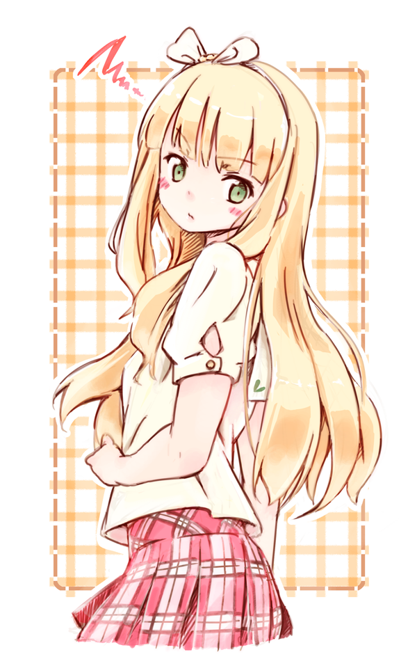 10s, 1girl, azuki_azusa, bad_id, bad_pixiv_id, blonde_hair, blush, female_focus, frown, green_eyes, hair_ribbon, hentai_ouji_to_warawanai_neko., leo_hariyoru, long_hair, media_factory, plaid_background, plaid_clothes, plaid_skirt, ribbon, skirt, solo, squiggle