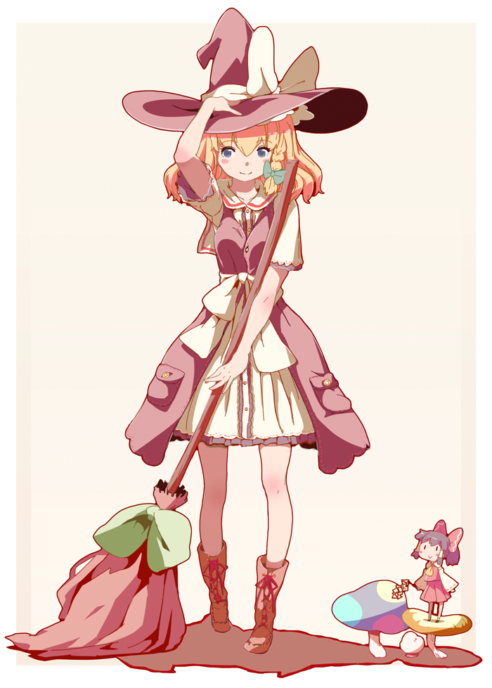 1girl, adapted_costume, blonde_hair, blue_eyes, boots, bow, braid, broom