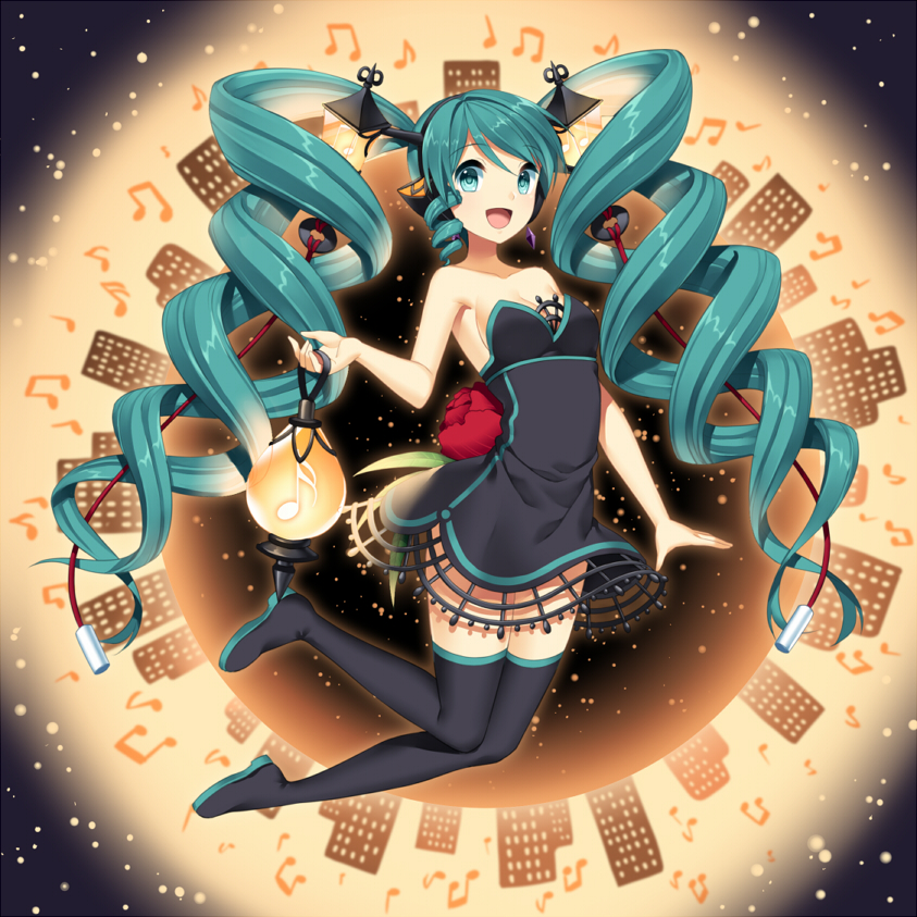 1girl, aqua_eyes, aqua_hair, beamed_quavers, boots, dress, drill_hair, female_focus, hatsune_miku, jenevan, lamp_miku, lantern, long_hair, musical_note, open_mouth, quaver, solo, strapless, strapless_dress, thigh_boots, thighhighs, twin_drills, twintails, very_long_hair, vocaloid, yamaha