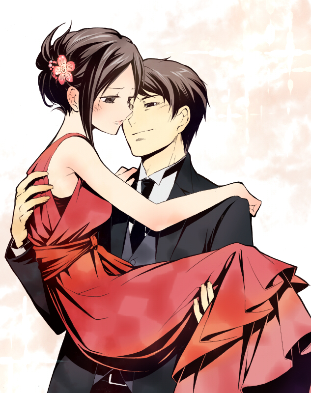 1boy, 1girl, blush, carrying, couple, dress, formal_clothes, hetero, himekawa_reiko, himekawa_reiko_series, kikuta_kazuo, long_hair, necktie, princess_carry, sasachin_(k+w), short_hair, strawberry_night, suit