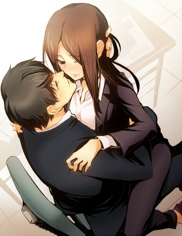 1boy, 1girl, black_hair, blush, brown_hair, couple, formal_clothes, hetero, himekawa_reiko, himekawa_reiko_series, kikuta_kazuo, long_hair, sasachin_(k+w), short_hair, strawberry_night, suit