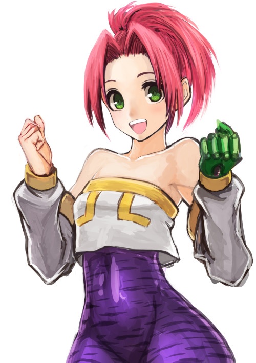 1girl, artist_request, breasts, flat_chest, green_eyes, groin, legaia_densetsu, navel, noa_(legaia_densetsu), pink_hair, ra-seru, skin_tight, smile, terra_(legaia_densetsu)