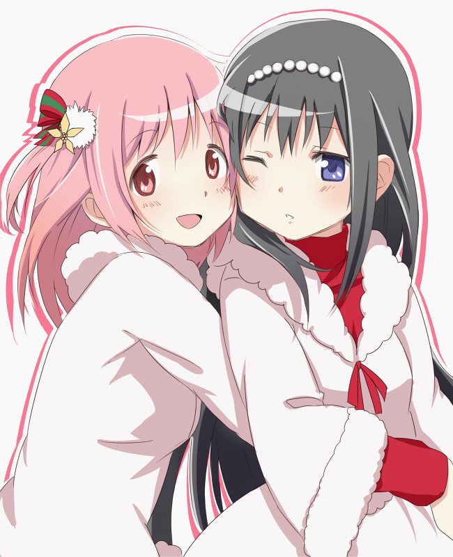 10s, 2girls, akemi_homura, bad_id, bad_pixiv_id, black_hair, blue_eyes, christmas