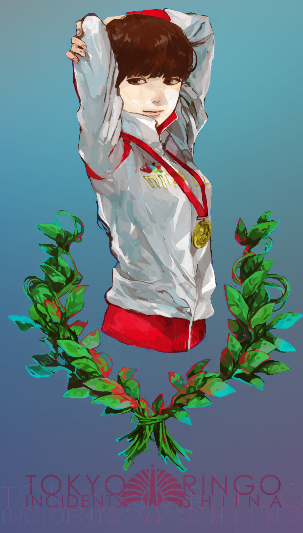 1girl, arms_behind_head, arms_up, blue_background, bob_cut, brown_eyes, brown_hair, character_name