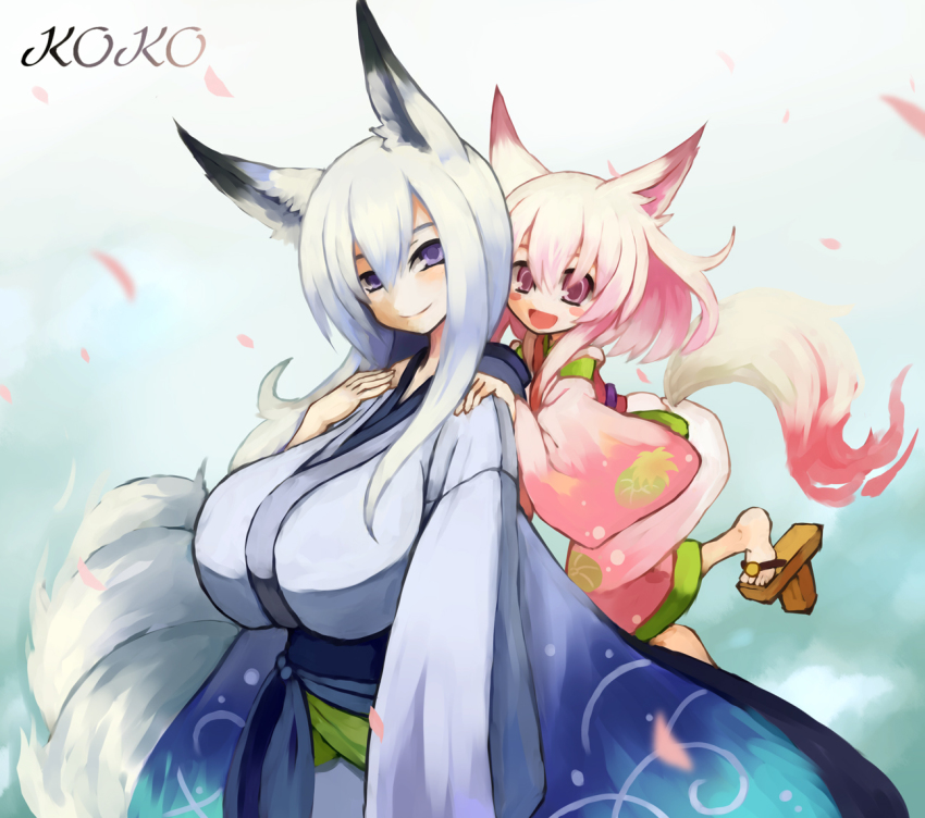 2girls, animal_ears, blue_hair, blush, blush_stickers, borrowed_character, breasts, fox_ears, fox_tail, geta, hair_between_eyes, huge_breasts, japanese_clothes, kimono, kitsune, long_hair, looking_at_viewer, multiple_girls, multiple_tails, open_mouth, original, pink_eyes, pink_hair, purple_eyes, senhappyaku, smile, tail, tengu-geta