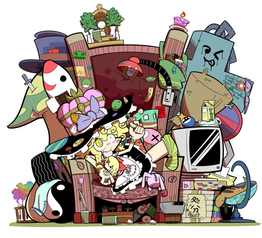 1girl, alcohol, bag, ball, beer_can, billiard_ball, bishamonten's_pagoda, blonde_hair