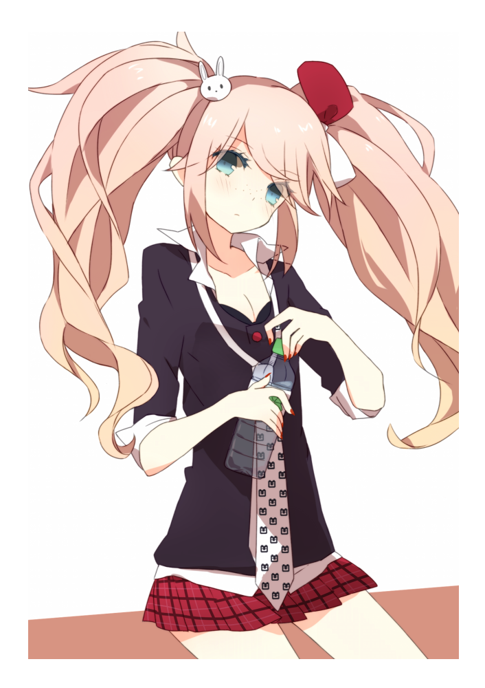 10s, 1girl, blue_eyes, bottle, danganronpa:_trigger_happy_havoc, danganronpa_(series), enoshima_junko, female_focus, freckles, ikusaba_mukuro, long_hair, mondo_pop, necktie, pink_hair, ribbon, sleeves_rolled_up, solo, twintails