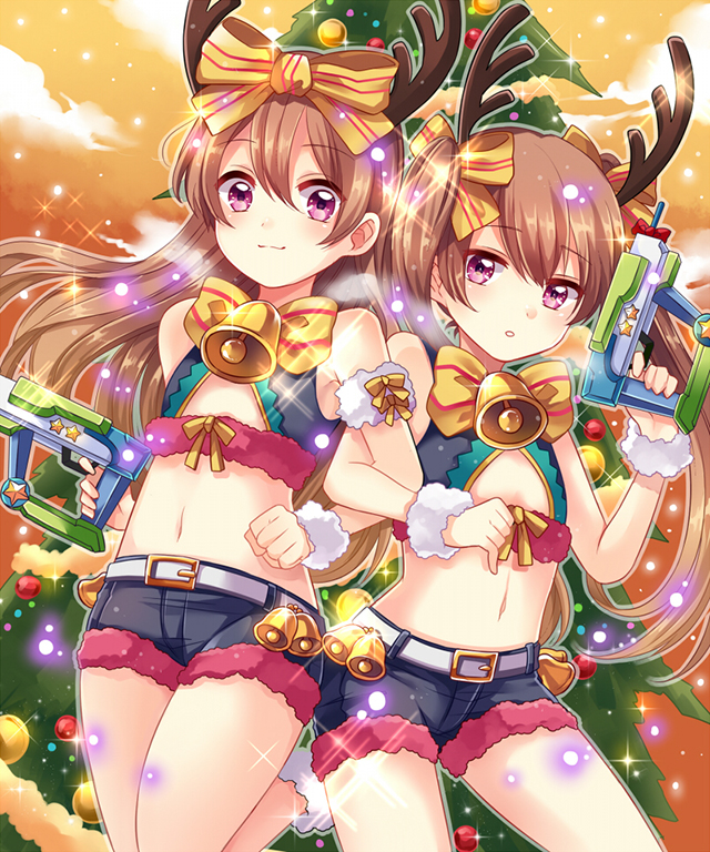 2girls, antlers, bell, bow, brown_hair, christmas, gun, horns