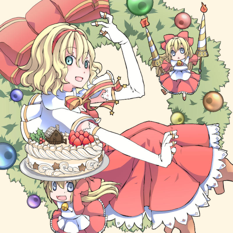 1girl, alice_margatroid, alternate_color, apron, arm_up, blonde_hair, blue_eyes, bow, cake, candle, capelet, carrying_overhead, christmas_ornaments, dress, elbow_gloves, female_focus, food, fruit, gloves, headband, high_heels, holly, jewelry, karamo_(c_karamomo), knees_up, lance, long_hair, looking_at_viewer, outstretched_arm, polearm, puppet_rings, ring, shanghai_doll, short_hair, sideways_glance, simple_background, solo, strawberry, touhou, waist_apron, weapon, white_background, wreath