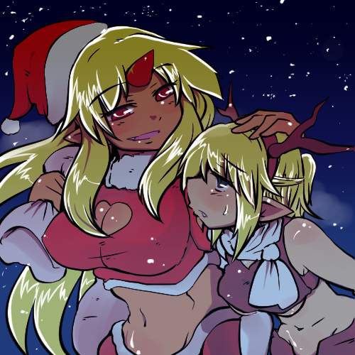 2girls, antlers, bad_id, bad_pixiv_id, blonde_hair, breasts, cleavage, horns