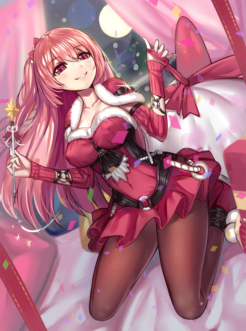 1girl, bed_sheet, belt, breasts, brown_pantyhose, capelet, confetti, curtains