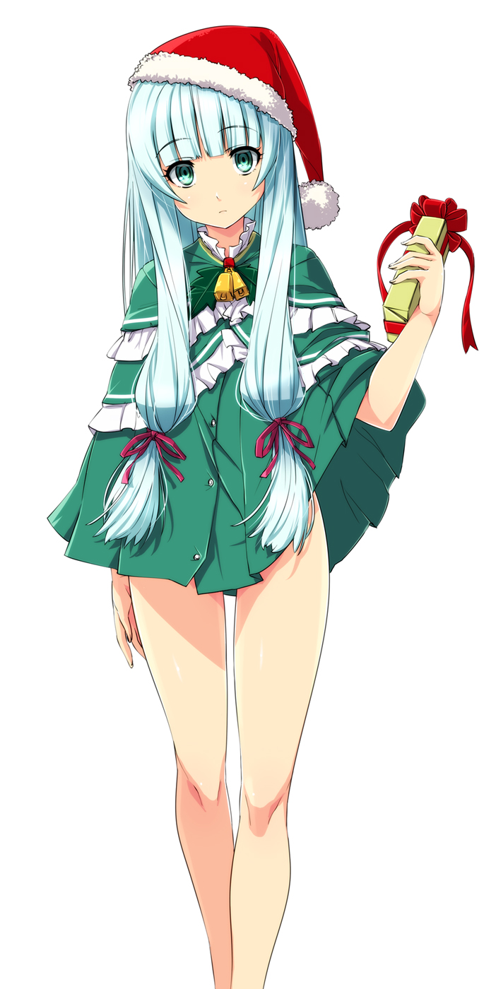 10s, 1girl, aoki_hagane_no_arpeggio, bell, bottomless, christmas, collar, female_focus, green_eyes, green_hair, hat, highres, holly, i-402_(aoki_hagane_no_arpeggio), long_hair, looking_at_viewer, matching_hair/eyes, neck_bell, nekomamire, poncho, santa_hat, simple_background, solo, thighs, white_background