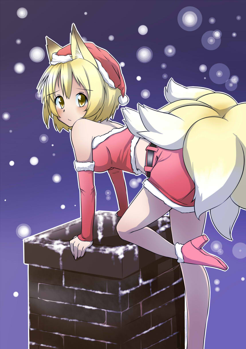 1girl, animal_ears, arm_warmers, blonde_hair, boots, female_focus, fox_ears, fox_tail