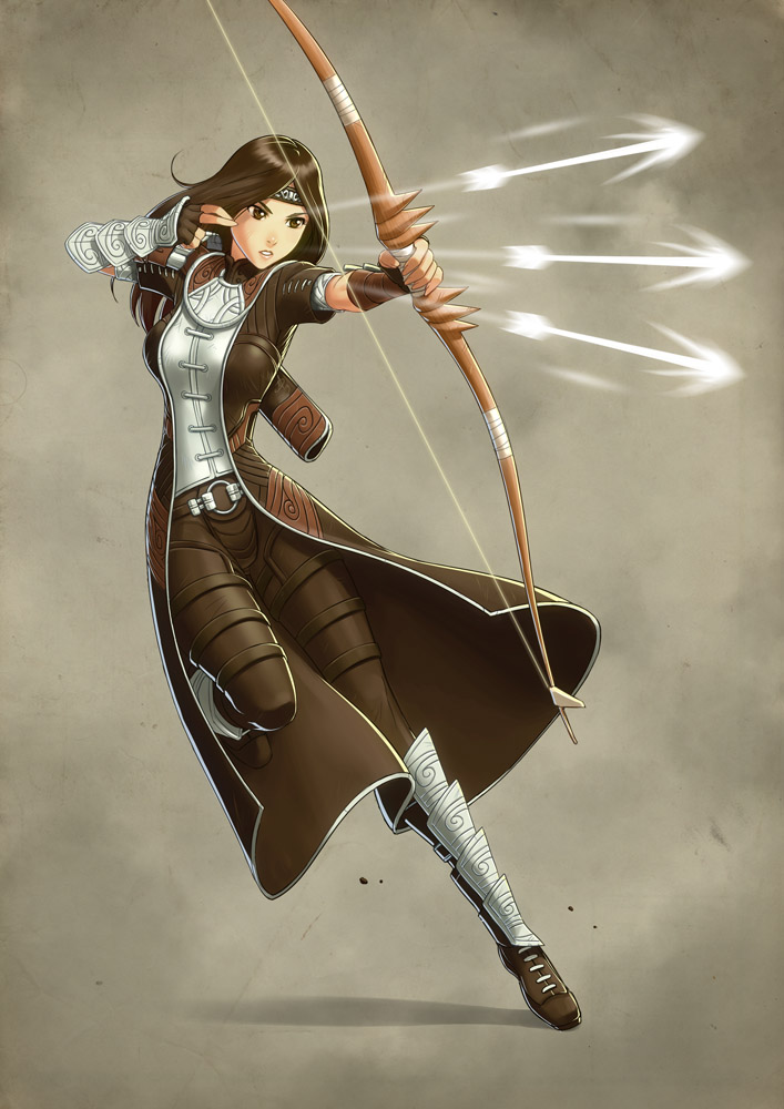 1girl, armor, arrow_(projectile), bow_(weapon), breasts, brown_eyes, brown_hair, drawing_bow
