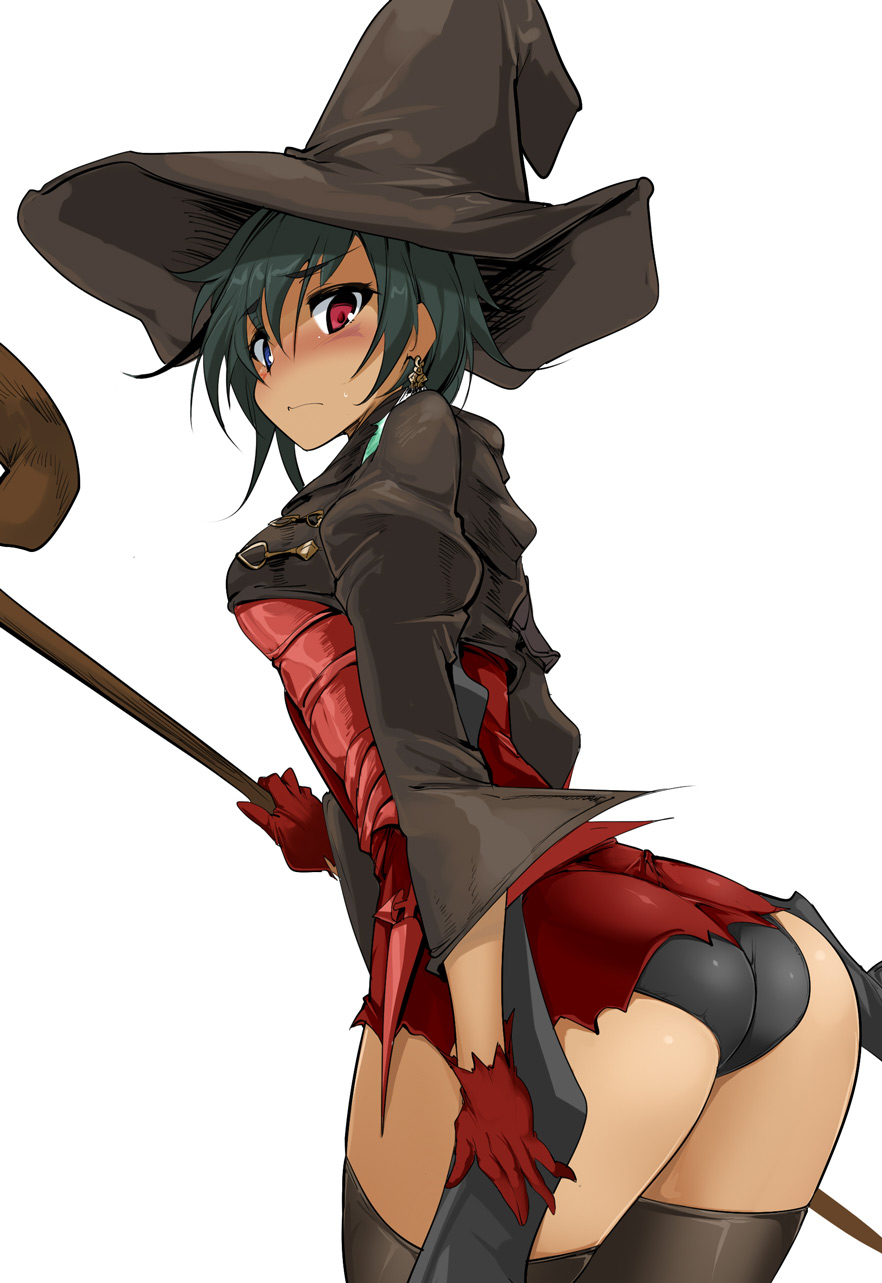 1girl, ass, blue_eyes, blush, deed_(lord_of_vermilion_iii), earrings, female_focus, gloves, green_hair, hat, heterochromia, highres, jewelry, looking_back, lord_of_vermilion, lord_of_vermilion_iii, momio, panties, red_eyes, solo, staff, thighhighs, underwear, witch_hat