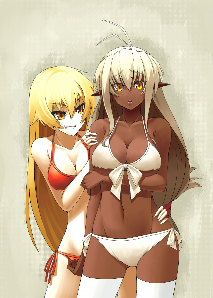 2girls, antenna_hair, ashikaga_chachamaru, bare_shoulders, bikini, blonde_hair, breast_hold, breasts, cleavage, dark-skinned_female, dark_elf, dark_skin, elf, grin, highres, interracial, koyama_keisuke, long_hair, multiple_girls, navel, open_mouth, pointy_ears, red_bikini, sansei_muramasa, side-tie_bikini_bottom, silver_hair, smile, soukou_akki_muramasa, swimsuit, thighhighs, very_dark_skin, very_long_hair, white_bikini, white_legwear, yellow_eyes, yuri