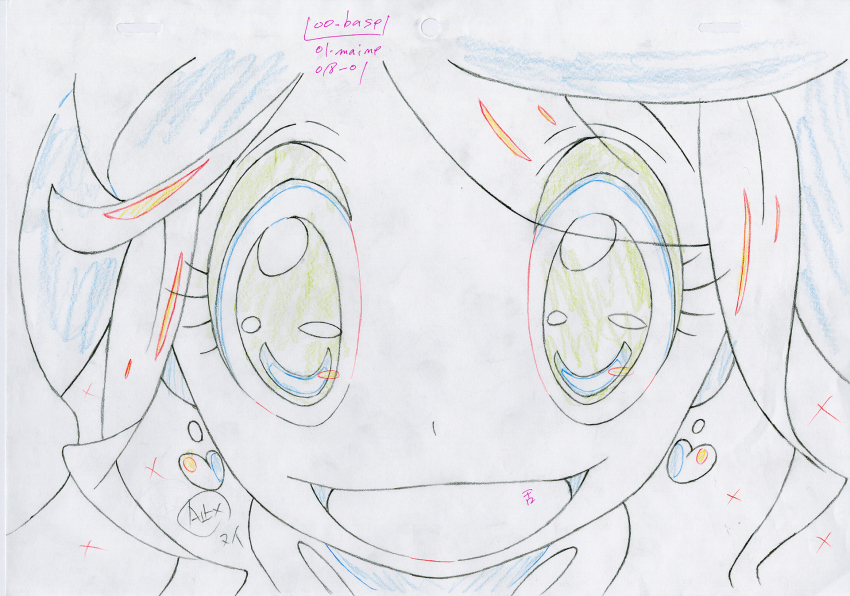 10s, 1girl, color_trace, commentary, earrings, evil_grin, evil_smile, grin