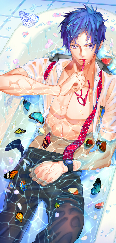 10s, 1boy, bathtub, blue_eyes, blue_hair, butterfly_wings, flower, free!