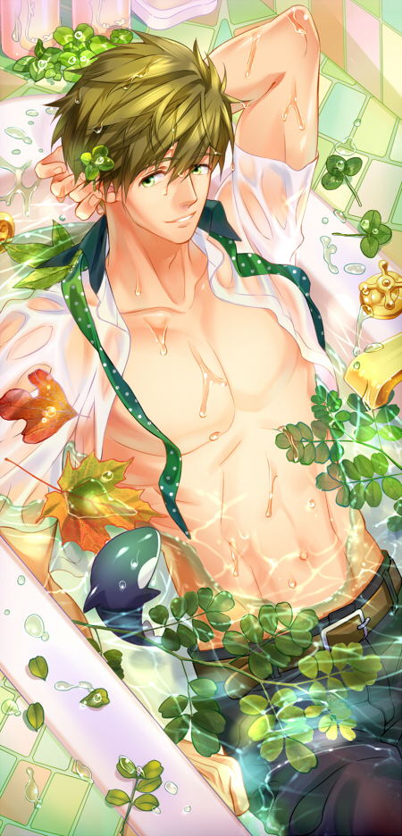 10s, 1boy, bathtub, belt, black_pants, brown_hair, clover, flower