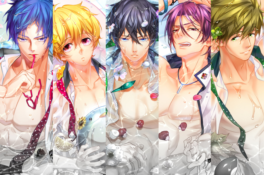 10s, 5boys, bathtub, black_hair, blonde_hair, blue_eyes, blue_hair, brown_hair