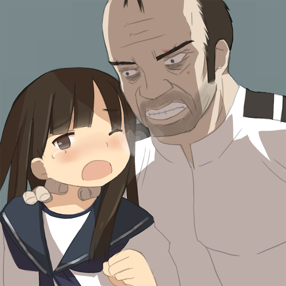 10s, 1boy, 1girl, angry, bad_id, bad_pixiv_id, balding, blush, brown_hair, crossover, d;, eyebrows, grand_theft_auto, grand_theft_auto_v, hand_on_another's_neck, hatsuyuki_(kancolle), kantai_collection, looking_at_viewer, one_eye_closed, open_mouth, rockstar, school_uniform, serafuku, teardrop, teeth, trevor_philips, wince, zakone