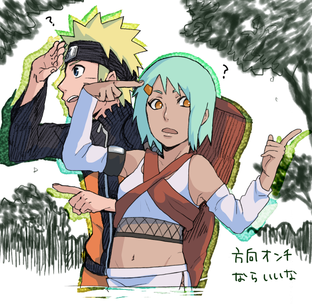 1boy, 1girl, ?, bare_shoulders, blonde_hair, detached_sleeves, forehead_protector, fuu_(naruto), green_hair, hair_ornament, hairclip, headband, lasting-801, midriff, naruto_(series), naruto_shippuuden, navel, orange_eyes, pointing, uzumaki_naruto