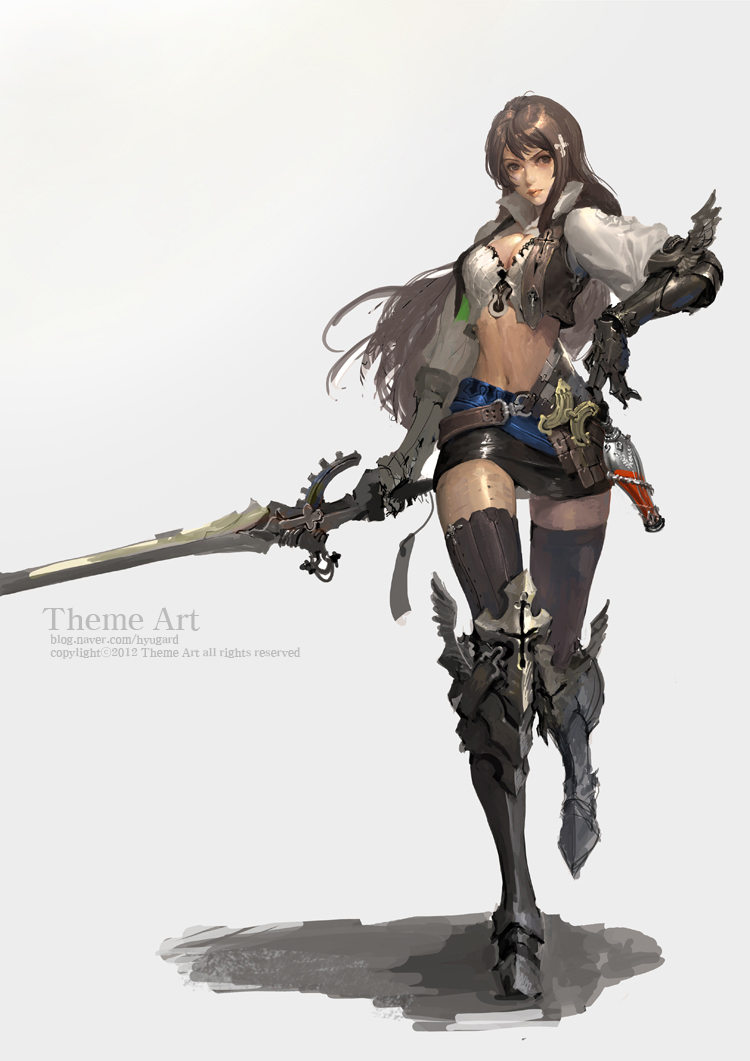 1girl, armor, boots, breasts, brown_eyes, brown_hair, cleavage, female_focus, gauntlets, holding, hyuga, hyuga_(harubiya), knight, looking_away, miniskirt, navel, realistic, skirt, solo, sword, weapon