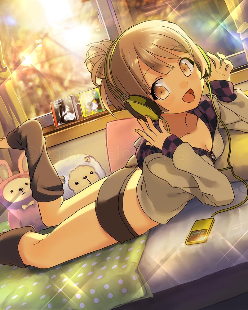 1girl, bed, blush, brown_hair, cd, mp3_player, ensemble_girls!, female_focus, headphones, leg_warmers, lying, maruko_misaki, official_art, on_bed, on_stomach, open_mouth, original, short_hair, shorts, smile, solo, stuffed_animal, stuffed_rabbit, stuffed_sheep, stuffed_toy, watermark, window