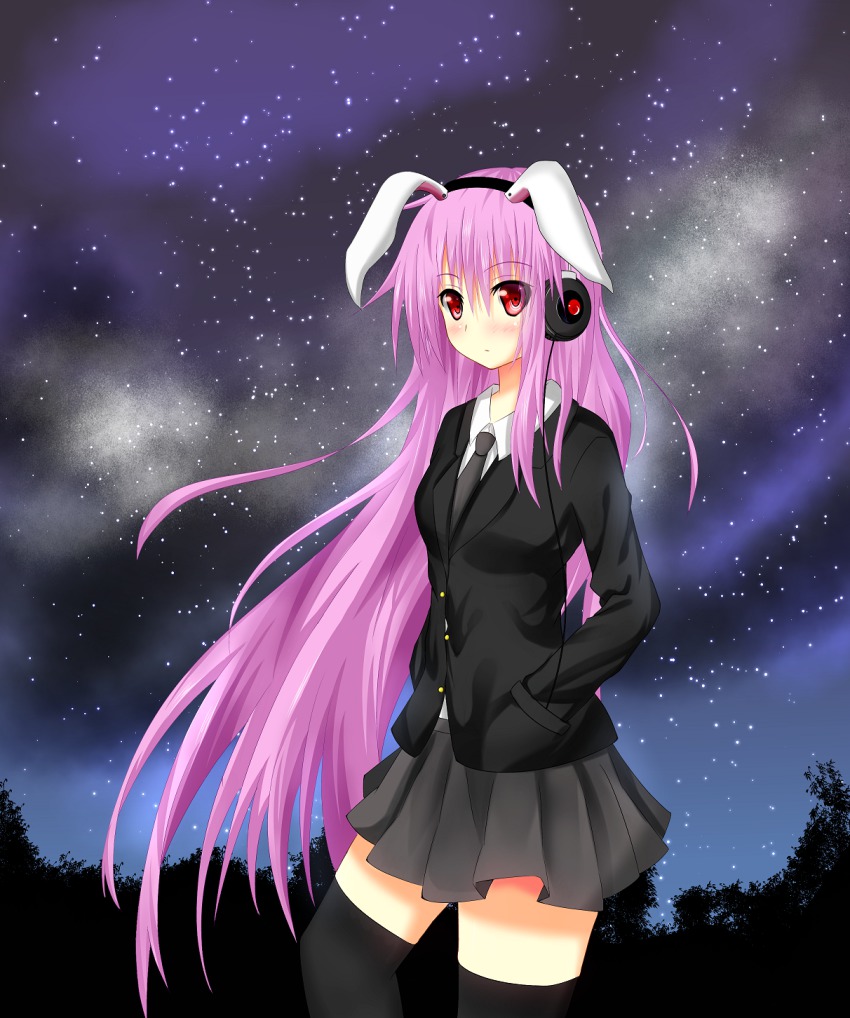 1girl, animal_ears, female_focus, grey_necktie, hands_in_pockets, headphones, highres, jacket