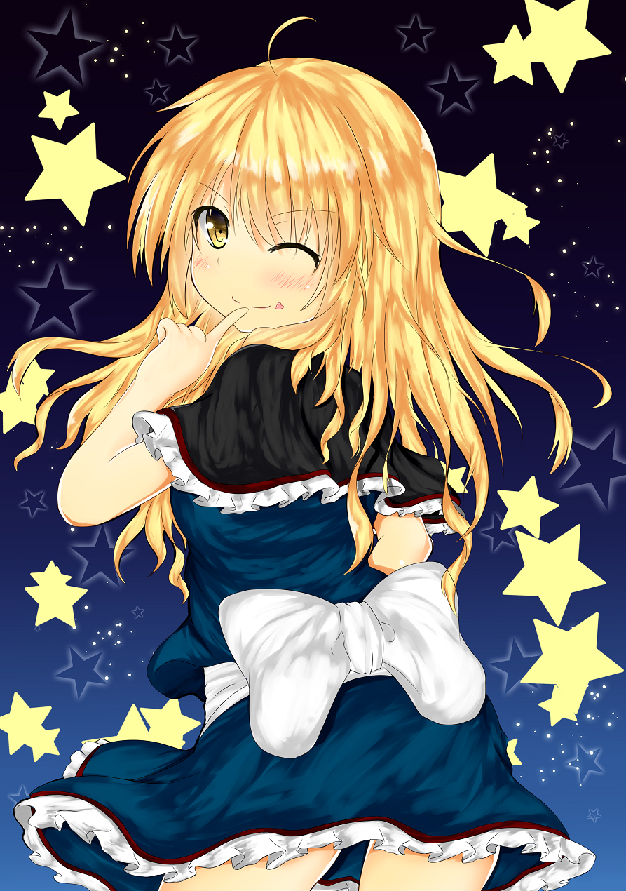 1girl, ahoge, alice_margatroid, alice_margatroid_(cosplay), blonde_hair, blue_background, bow, capelet