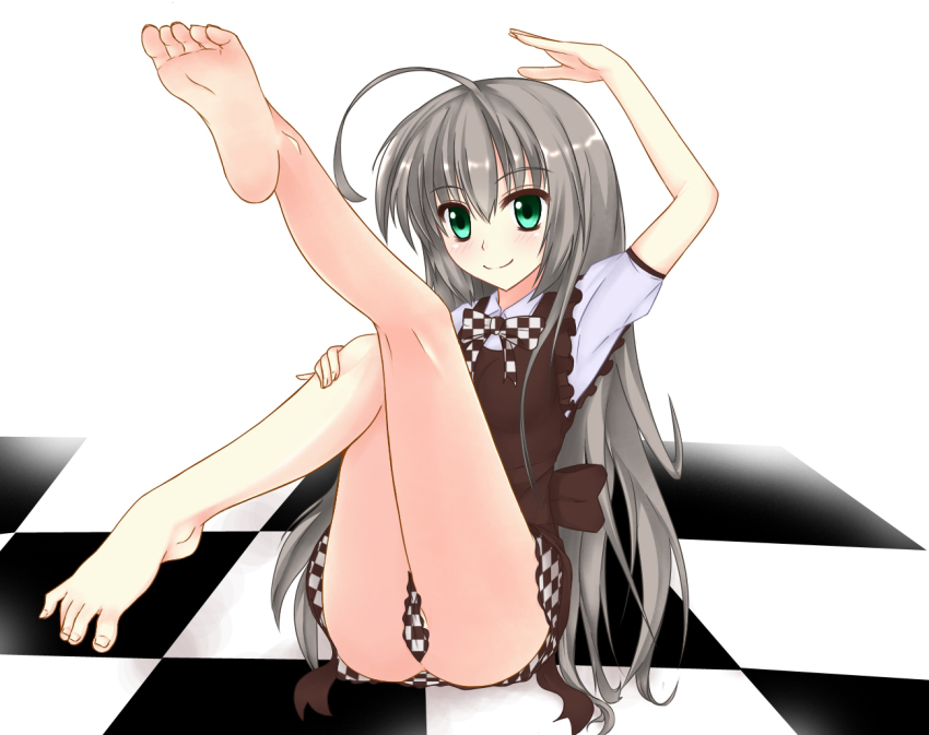 1girl, ahoge, arm_up, bad_id, bad_pixiv_id, barefoot, blush, bow, bowtie, checkered_clothes, checkered_floor, checkered_skirt, dress, feet, female_focus, floor, foot_focus, green_eyes, haiyore!_nyaruko-san, huge_ahoge, kneepits, leg_up, legs, long_hair, nagamon_(nagamonian), nyarlathotep_(nyaruko-san), on_floor, silver_hair, sitting, skirt, smile, soles, solo, spread_toes, toes