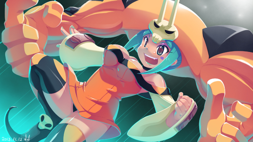 10s, 1girl, 2013, aqua_hair, aqua_lips, aqua_nails, bare_shoulders, black_panties, boots, breasts, cerebella_(skullgirls), cleavage, clenched_hand, dark_skin, dated, detached_sleeves, dress, dutch_angle, eyeshadow, fang, fangs, female_focus, green_eyes, green_hair, hat, horns, large_breasts, lipstick, living_clothes, living_clothing, makeup, muscular, nail_polish, open_mouth, orange_dress, panties, pantyshot, rapama, short_dress, short_hair, skullgirls, smile, teeth, thigh_boots, thighhighs, underwear, vice-versa_(skullgirls), zettai_ryouiki
