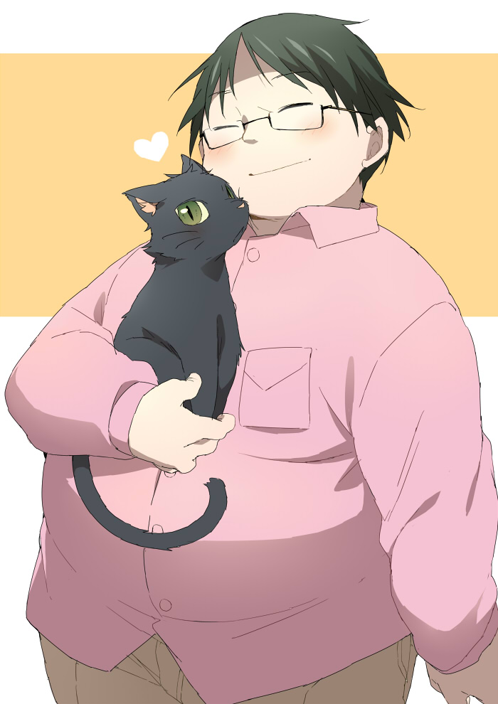 1boy, black_hair, cat, coo_ritter, closed_eyes, glasses, heart, hoshi_no_samidare, pink_shirt, purasu_no_konbu, shimaki_hyou, shirt, short_hair