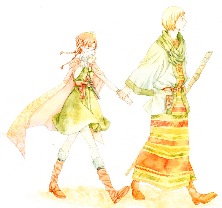 1boy, 1girl, blonde_hair, boots, bracelet, braid, brown_hair, cape, jewelry, kou_(01310808), merebu, murasaki_(yoshihiko), scarf, staff, twin_braids, yuusha_yoshihiko_to_maou_no_shiro