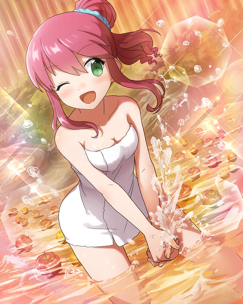 1girl, apple, bare_shoulders, blush, breasts, cleavage, collarbone, ensemble_girls!, female_focus, food, fruit, green_eyes, hair_bun, happy, long_hair, naked_towel, official_art, one_eye_closed, onsen, original, pink_hair, single_hair_bun, solo, splashing, towel, water, wink, yakumo_chizuru