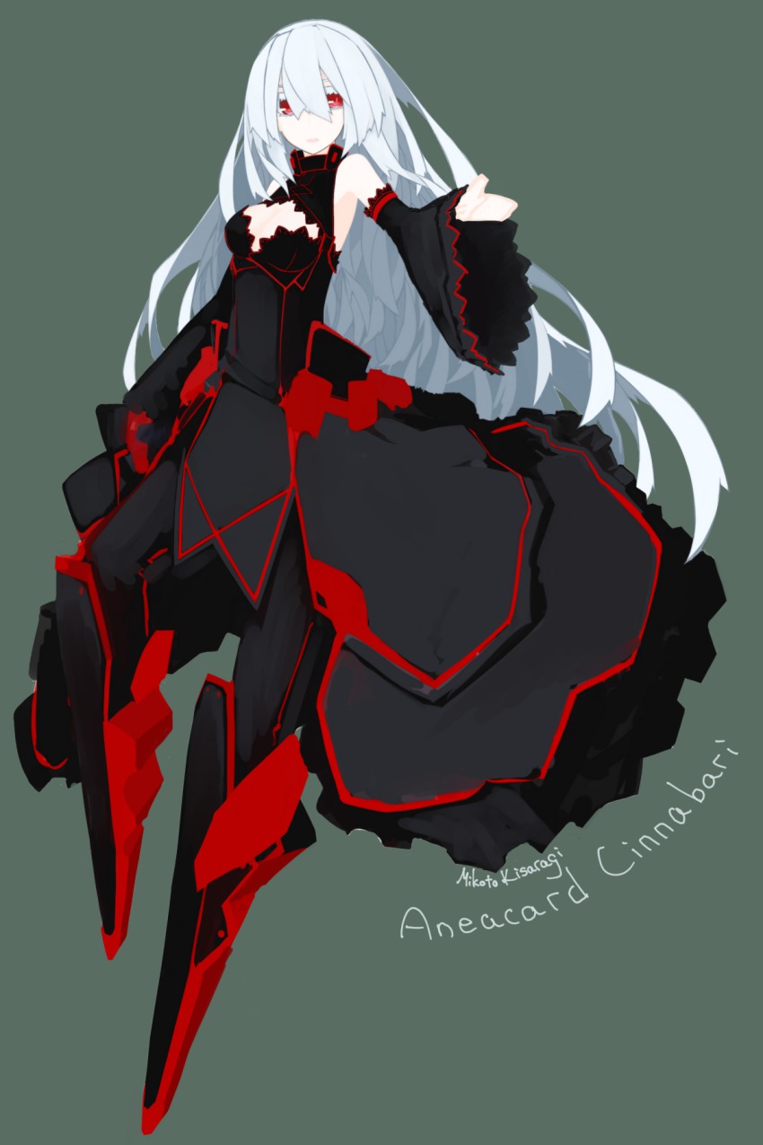 1girl, albino, aneacard_cinnabari_(oi+), bad_id, bad_pixiv_id, bare_shoulders, breasts, cleavage, cleavage_cutout, clothing_cutout, detached_sleeves, female_focus, hair_between_eyes, highres, long_hair, mechanical_legs, mikoto_(oi_plus), original, outstretched_arm, red_eyes, silver_hair, simple_background, solo, very_long_hair, wide_sleeves