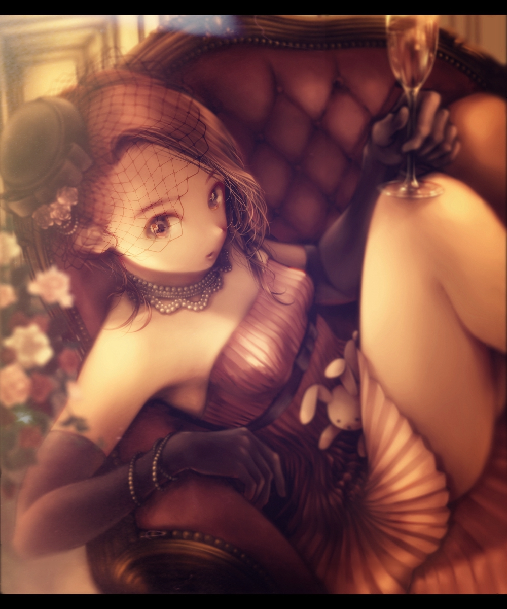 1girl, bare_shoulders, blurry, bracelet, brown_hair, chair, cup, dress, drinking_glass, elbow_gloves, female_focus, gloves, hat, highres, hohoemidebu, idolmaster, idolmaster_(classic), jewelry, legs, long_hair, looking_at_viewer, minase_iori, necklace, open_mouth, solo, stuffed_animal, stuffed_rabbit, stuffed_toy, veil, wine_glass