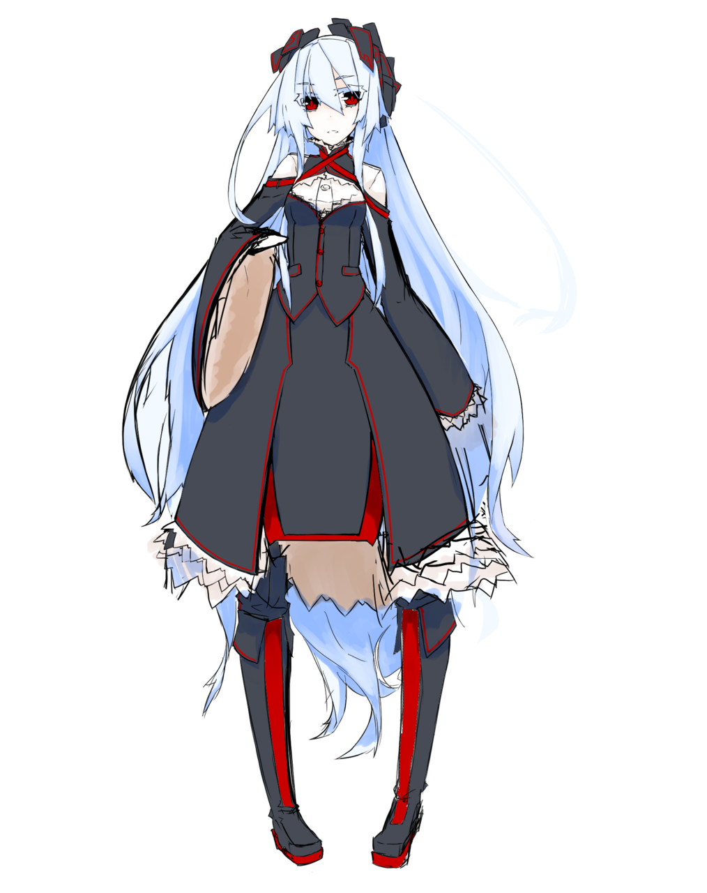 1girl, albino, aneacard_cinnabari_(oi+), boots, dress, frills, full_body, headgear