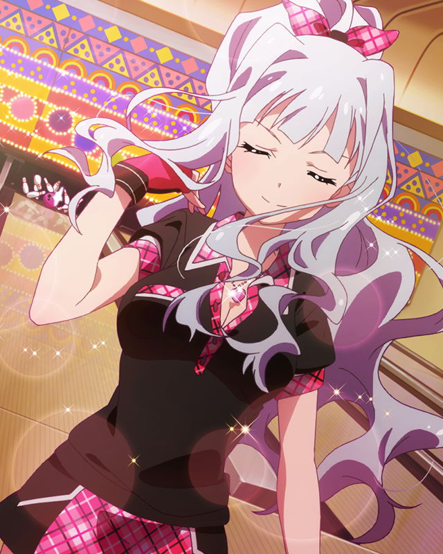 10s, 1girl, artist_request, bowling, bowling_glove, closed_eyes, female_focus, fingerless_gloves, gloves, hair_flip, hair_ribbon, idolmaster, idolmaster_(classic), idolmaster_million_live!, jewelry, lens_flare, necklace, official_art, ponytail, ribbon, shijou_takane, silver_hair, smile, solo, sparkle, wavy_hair