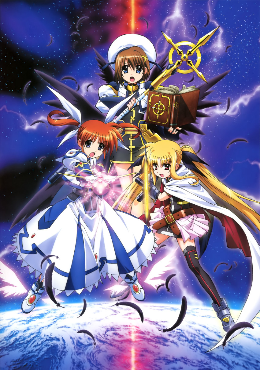 3girls, :o, absurdres, arm_belt, arm_strap, bardiche_(nanoha), bardiche_(zanber_form)_(nanoha), belt