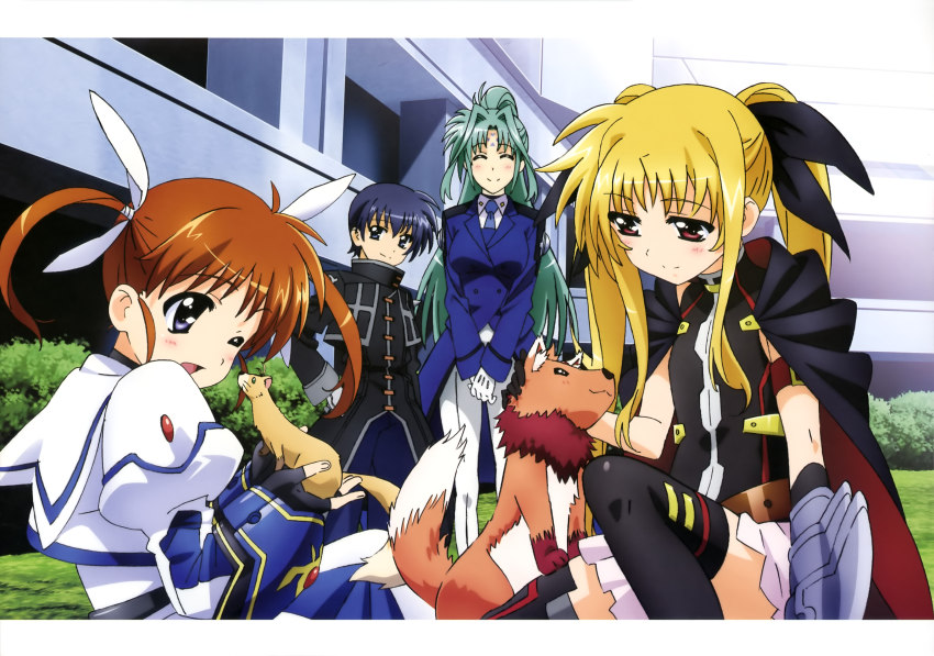 2boys, 4girls, absurdres, arakaki_issei, arf, arm_belt, belt, black_gloves