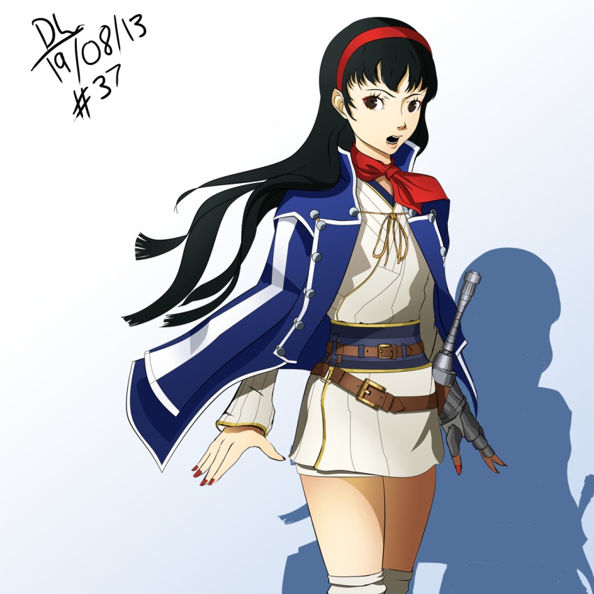 1girl, amagi_yukiko, bad_id, bad_tumblr_id, black_hair, brown_eyes, cloak, company_connection, cosplay, dated, dh_(brink_of_memories), female_focus, gloves, hairband, highres, isabeau_(megami_tensei), isabeau_(megami_tensei)_(cosplay), kneehighs, long_hair, megami_tensei, nail_polish, neckerchief, persona, persona_4, red_hairband, shin_megami_tensei, shin_megami_tensei_iv, single_glove, skirt, socks, solo, sword, weapon