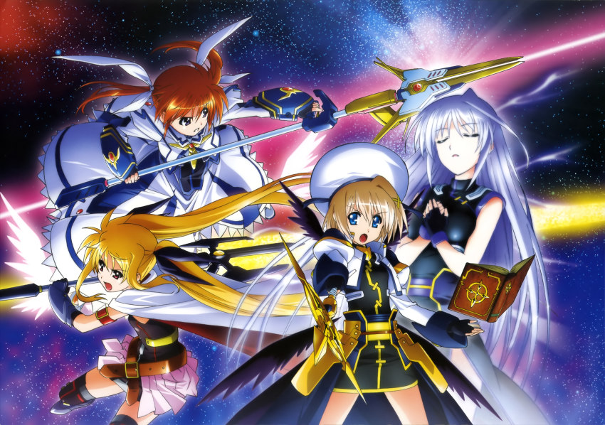 4girls, :o, absurdres, artist_request, bardiche_(nanoha), bardiche_(zanber_form)_(nanoha), black_legwear, blonde_hair