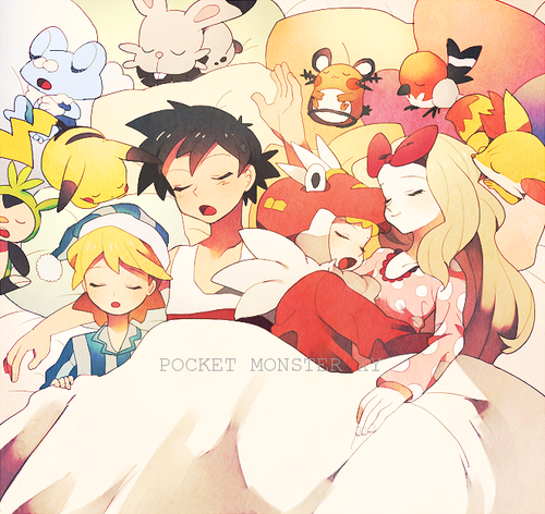 10s, 2boys, 2girls, ash_ketchum, bed, black_theme, blonde_hair, bonnie_(pokemon)