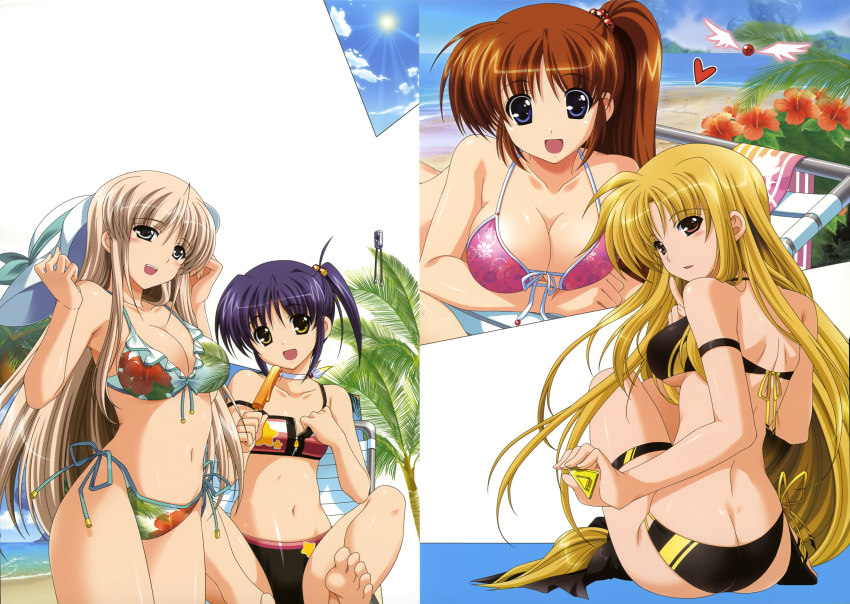 4girls, absurdres, ass, bardiche_(nanoha), bardiche_(standby_form)_(nanoha), barefoot, beach, bikini