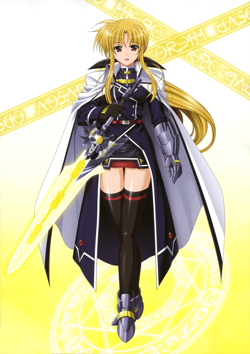 1girl, absurdres, bardiche_(nanoha), bardiche_(riot_blade_ii)_(nanoha), black_gloves, black_thighhighs, blonde_hair, cape