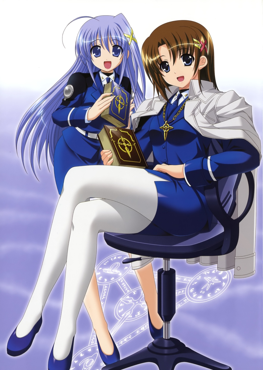 2girls, :d, absurdres, ahoge, blue_eyes, blue_hair, book, book_of_the_azure_sky