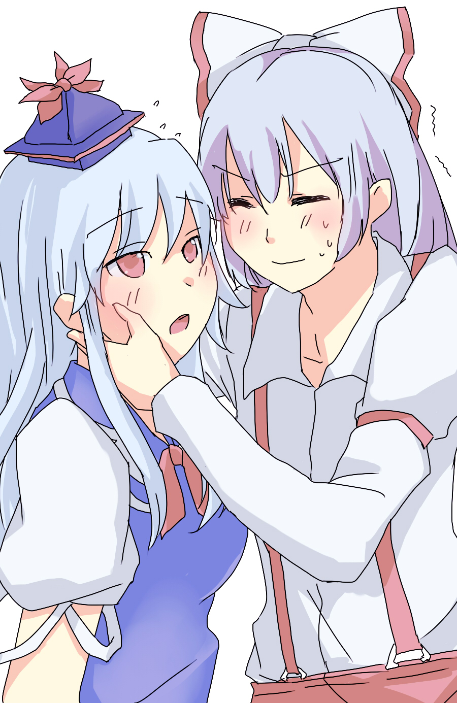 2girls, :o, chikuwa_coffee_(milk_soda), fujiwara_no_mokou, hair_ribbon, hand_on_another's_cheek, hand_on_another's_face, highres, imminent_kiss, kamishirasawa_keine, light_purple_hair, long_hair, multiple_girls, nervous, red_eyes, ribbon, tikuwa_(coffee), touhou, white_background, white_hair, yuri