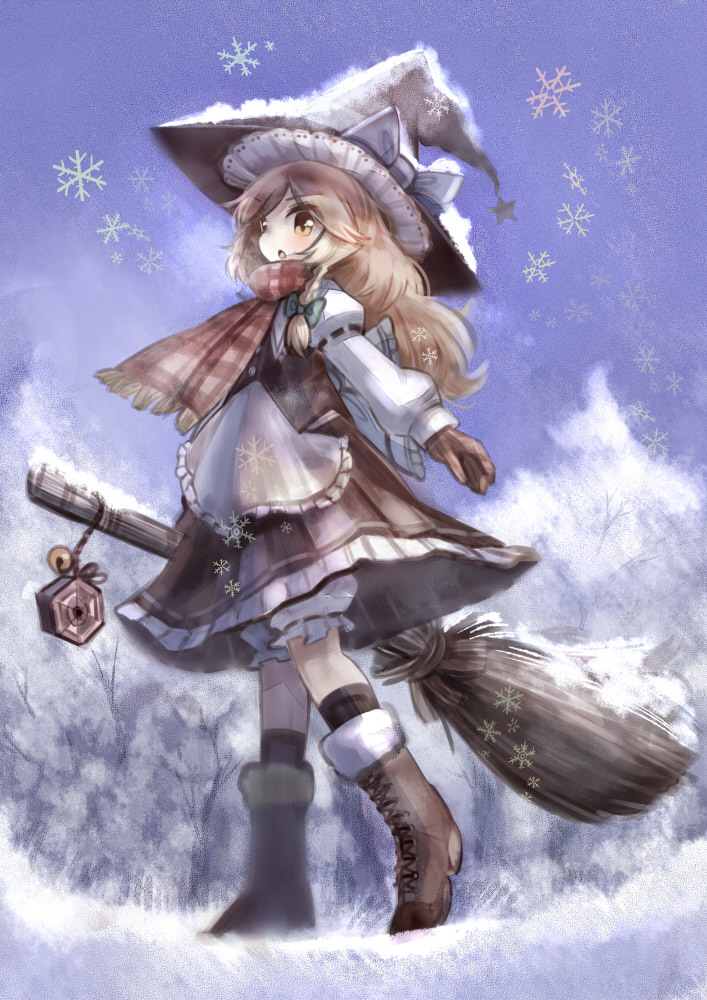 1girl, apron, bamboo_broom, blonde_hair, bloomers, blue_sky, boots, bow, braid, broom, brown_gloves, day, female_focus, from_below, gloves, hat, hat_bow, juliet_sleeves, kirisame_marisa, lace-up_boots, long_hair, long_sleeves, mini-hakkero, open_mouth, outdoors, perfect_cherry_blossom, puffy_sleeves, scarf, shirt, single_braid, skirt, skirt_set, sky, snow, snowflakes, snowing, solo, touhou, tree, uma_(ninjin_misaki), underwear, upskirt, vest, waist_apron, winter, winter_clothes, witch_hat, yellow_eyes